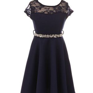 Little Girls Cap Sleeve Floral Lace Pearl Easter Party Flower Girl Dress Navy